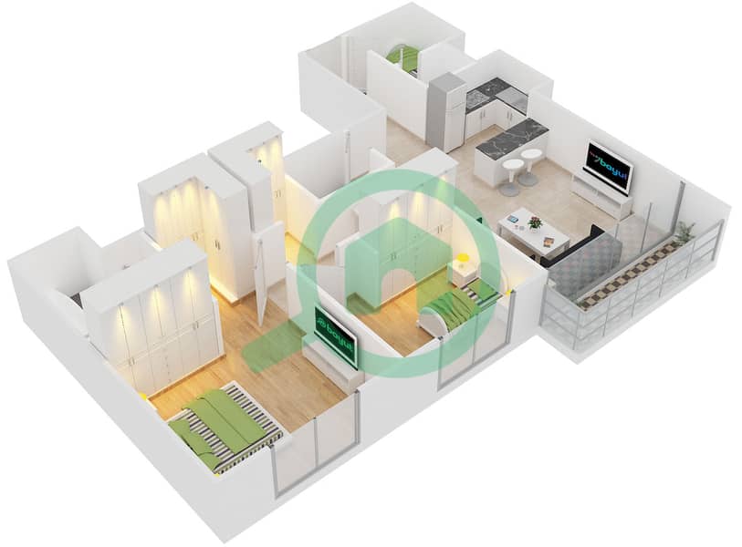 Клейтон Резиденции - Апартамент 2 Cпальни планировка Тип/мера N/6 Floor 17-20 interactive3D