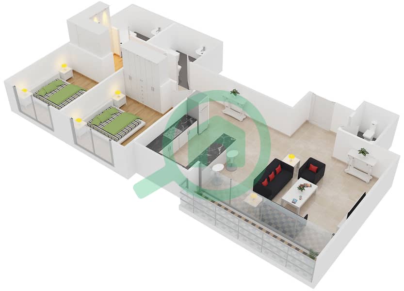 المخططات الطابقية لتصميم النموذج / الوحدة P/5 شقة 2 غرفة نوم - كلايتون ريزيدنسي Floor 17-20 interactive3D