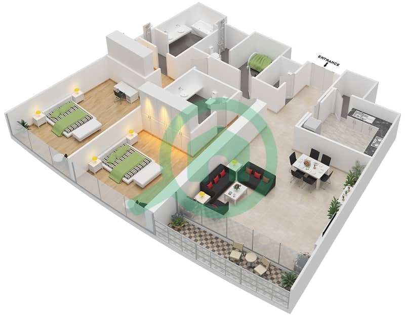 المخططات الطابقية لتصميم النموذج A شقة 2 غرفة نوم - بلو بيتش تاور interactive3D