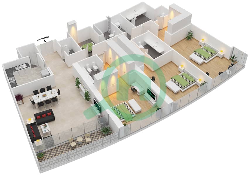 المخططات الطابقية لتصميم النموذج A شقة 3 غرف نوم - بلو بيتش تاور interactive3D
