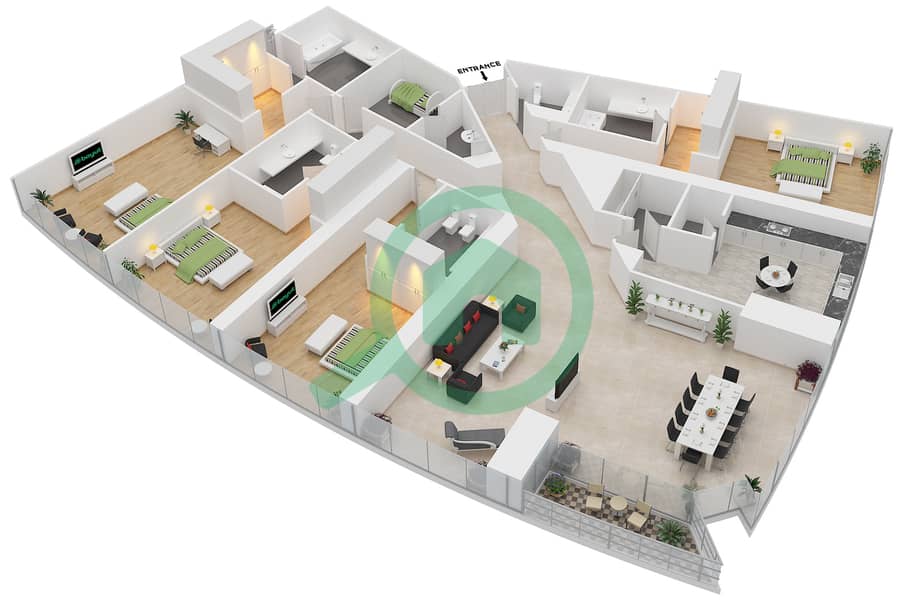 المخططات الطابقية لتصميم النموذج A شقة 4 غرف نوم - بلو بيتش تاور interactive3D