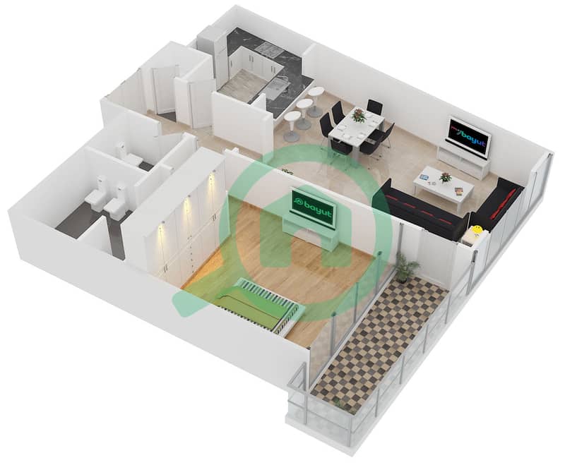 المخططات الطابقية لتصميم النموذج A1E شقة 1 غرفة نوم - أبراج البطين interactive3D