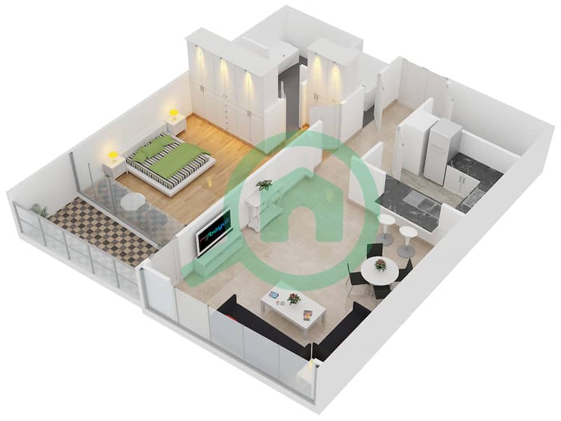 Al Bateen Towers - 1 Bedroom Apartment Type A1F Floor plan Floor 3-29 interactive3D