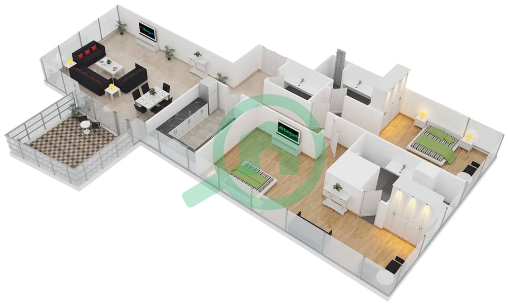 Аль Батин Тауэрс - Апартамент 2 Cпальни планировка Тип A2A Floor 3-29 interactive3D