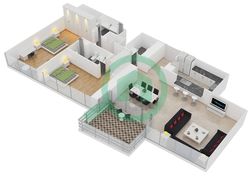 Аль Батин Тауэрс - Апартамент 2 Cпальни планировка Тип A2B Floor 3-46 interactive3D