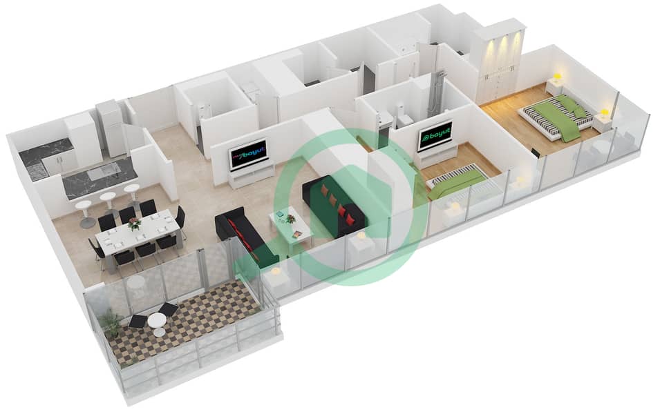 المخططات الطابقية لتصميم النموذج A2C شقة 2 غرفة نوم - أبراج البطين Floor 3-24 interactive3D