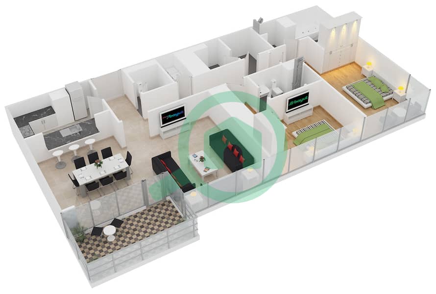 Аль Батин Тауэрс - Апартамент 2 Cпальни планировка Тип A2D Floor 3-45 interactive3D