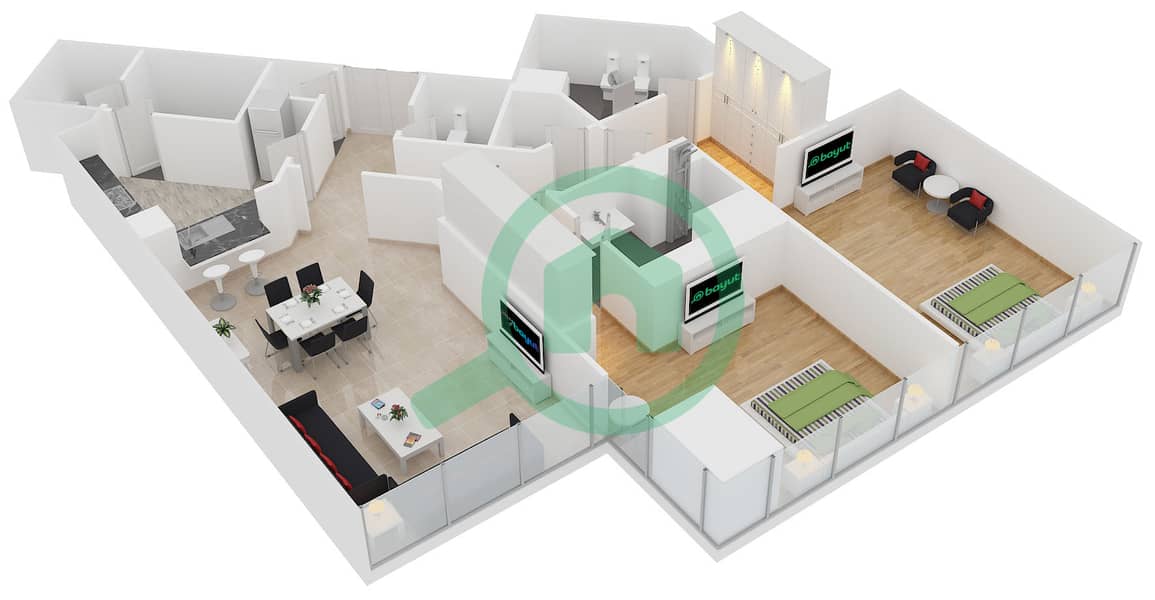 Аль Батин Тауэрс - Апартамент 2 Cпальни планировка Тип A2E Floor 3-13 interactive3D