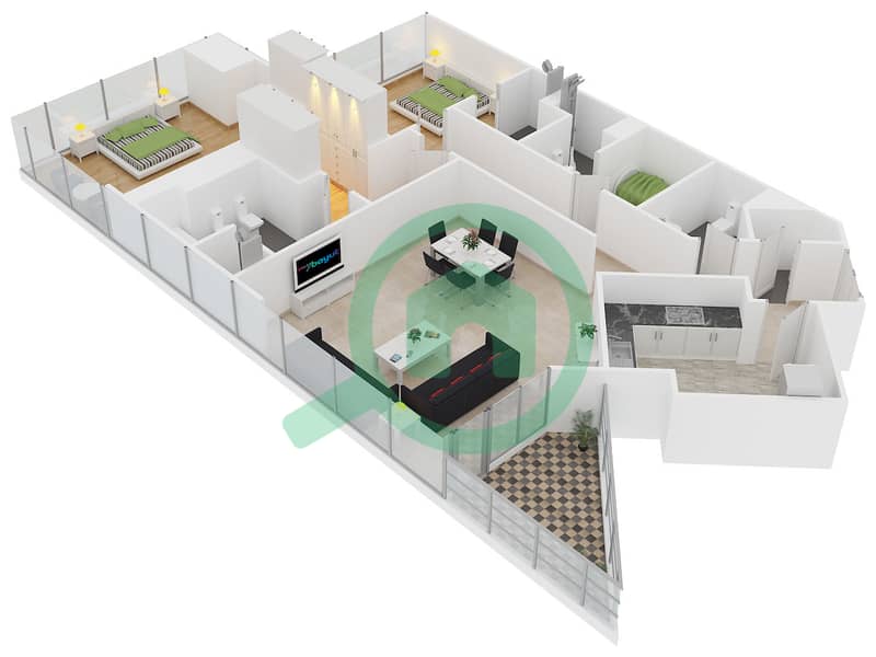 المخططات الطابقية لتصميم النموذج A2F شقة 2 غرفة نوم - أبراج البطين Floor 14-28 interactive3D