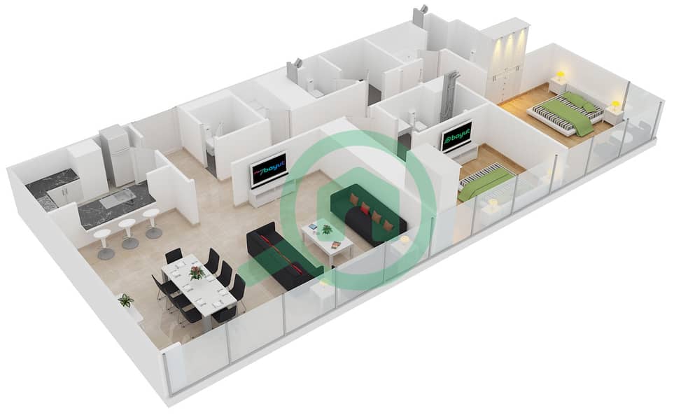 المخططات الطابقية لتصميم النموذج A2G شقة 2 غرفة نوم - أبراج البطين Floor 26-29 interactive3D