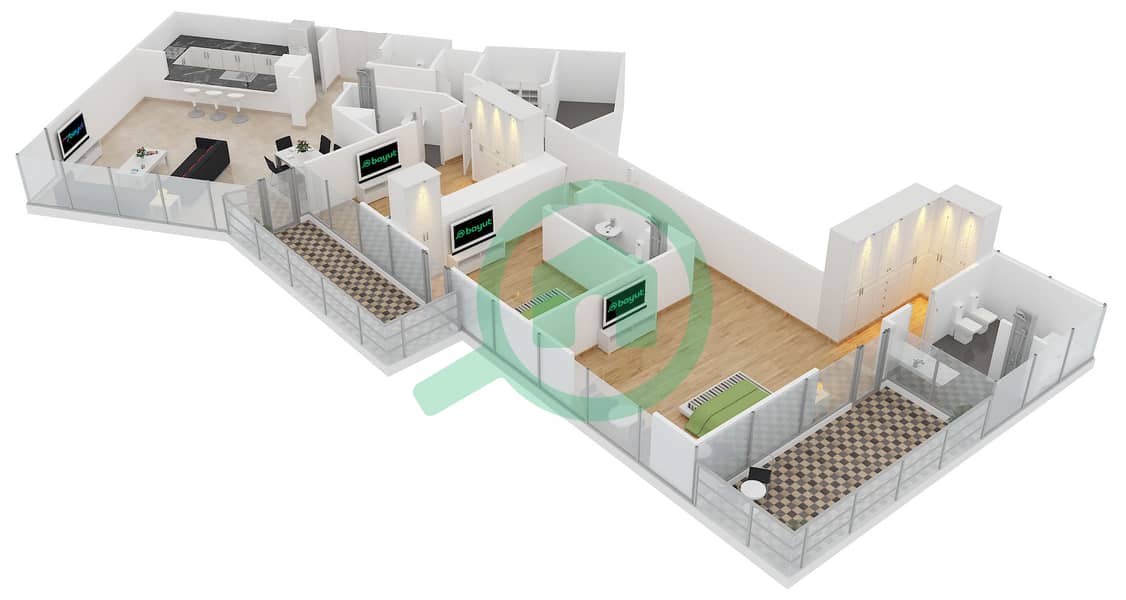 Аль Батин Тауэрс - Апартамент 3 Cпальни планировка Тип A3A Floor 3-28 interactive3D