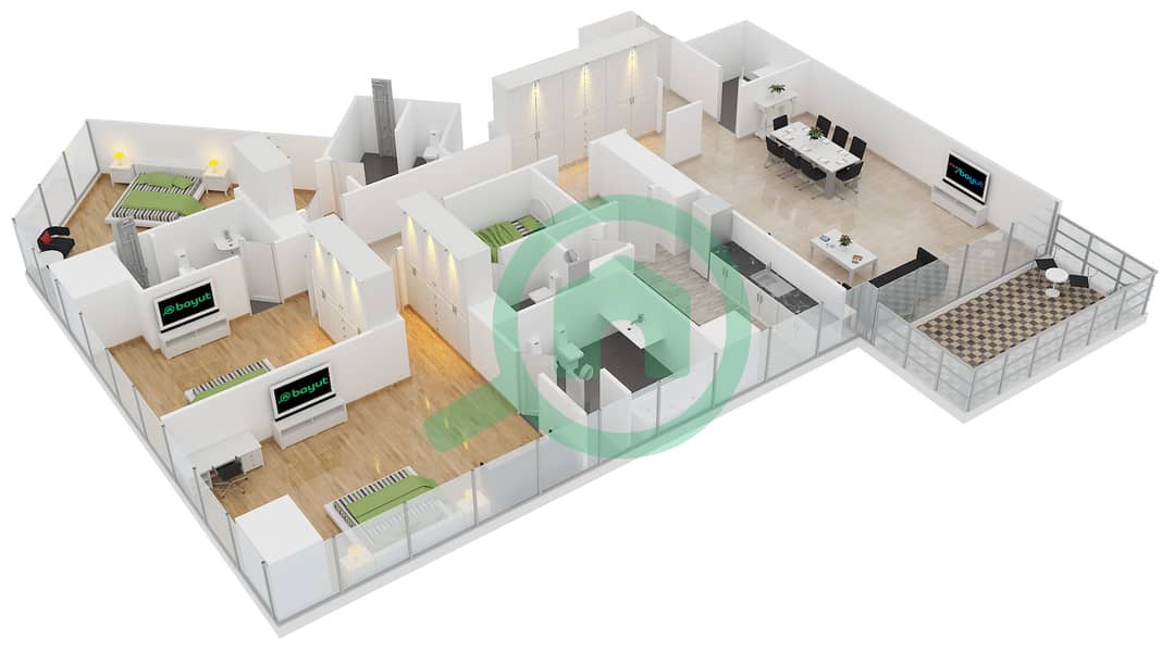 Аль Батин Тауэрс - Апартамент 3 Cпальни планировка Тип A3B Floor 3-13 interactive3D