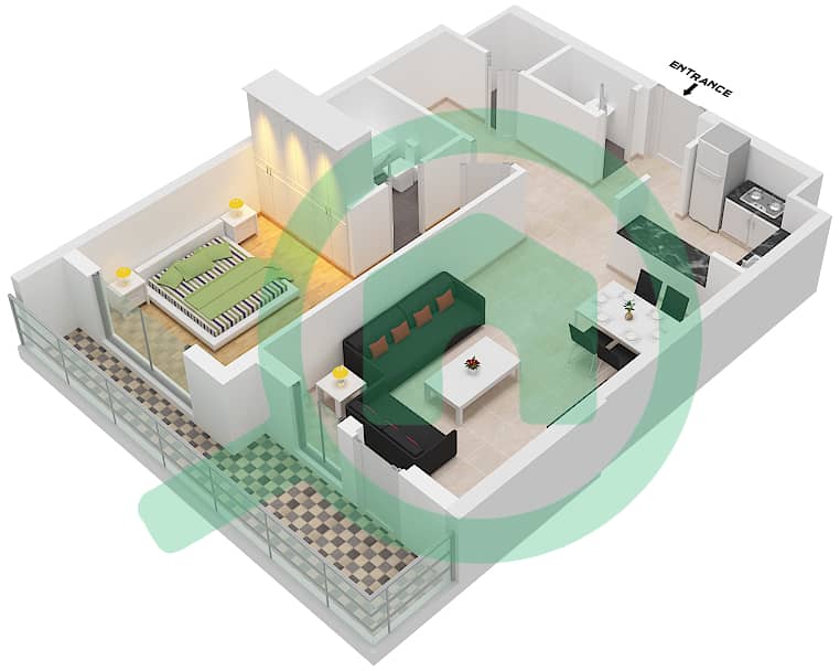 المخططات الطابقية لتصميم النموذج / الوحدة 1A/7,8 شقة 1 غرفة نوم - مون ريف interactive3D