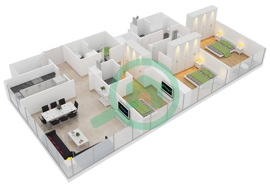 المخططات الطابقية لتصميم النموذج A3C شقة 3 غرف نوم - أبراج البطين Floor 30-46 interactive3D