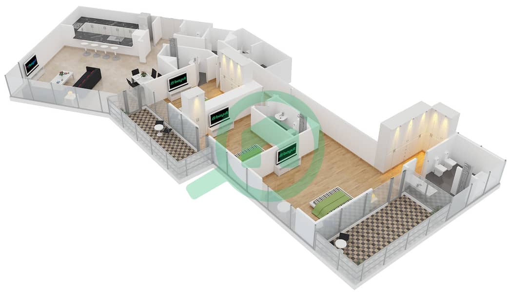 Аль Батин Тауэрс - Апартамент 3 Cпальни планировка Тип A3D Floor 29-45 interactive3D