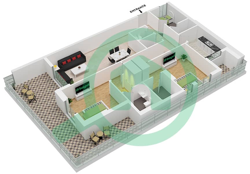 المخططات الطابقية لتصميم النموذج / الوحدة 2B/1 شقة 2 غرفة نوم - مون ريف interactive3D