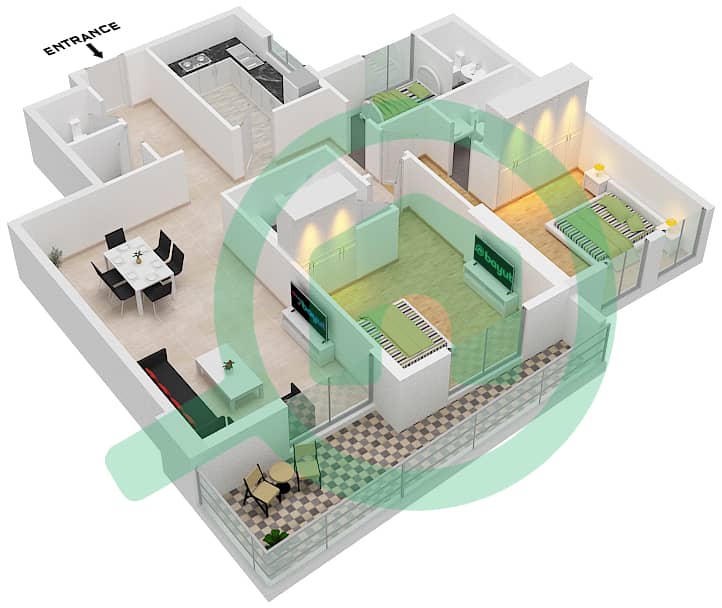 莫瑞文公寓 - 2 卧室公寓类型／单位2A/2戶型图 interactive3D
