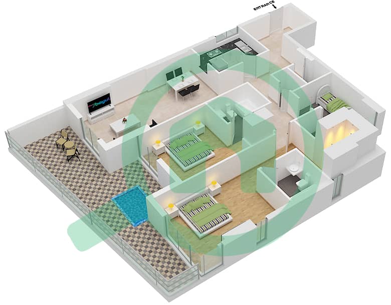 المخططات الطابقية لتصميم النموذج / الوحدة 2C/3 شقة 2 غرفة نوم - مون ريف interactive3D