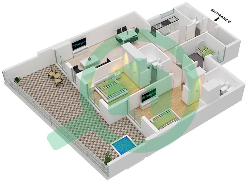 المخططات الطابقية لتصميم النموذج / الوحدة 2D/4 شقة 2 غرفة نوم - مون ريف interactive3D