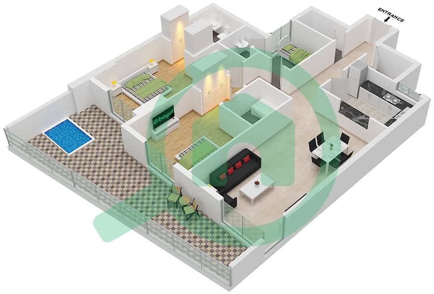المخططات الطابقية لتصميم النموذج / الوحدة 2E/5 شقة 2 غرفة نوم - مون ريف interactive3D