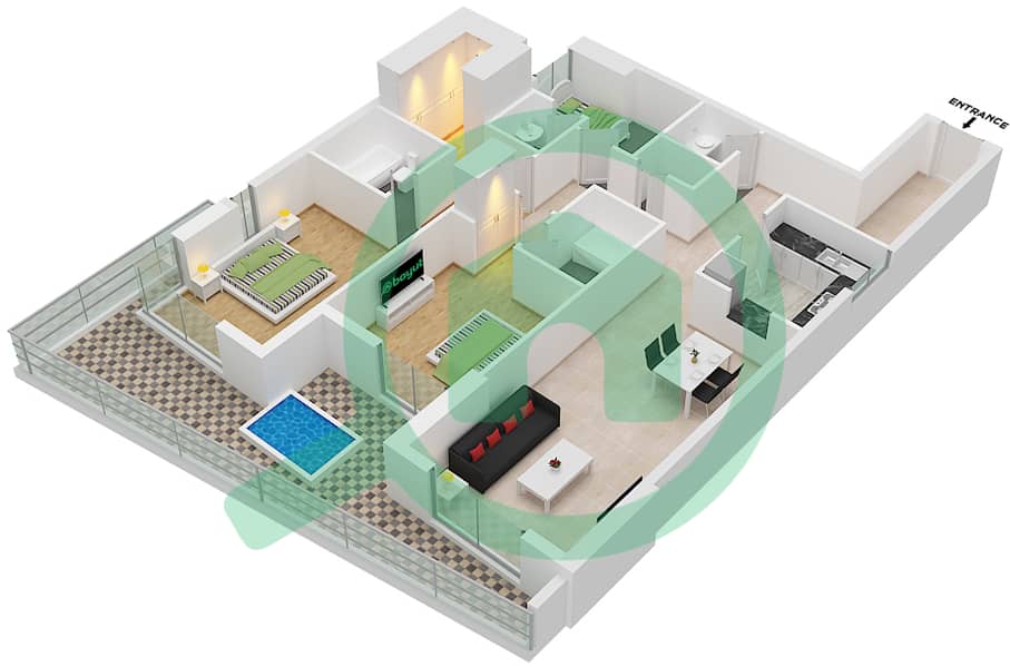 المخططات الطابقية لتصميم النموذج / الوحدة 2F/6 شقة 2 غرفة نوم - مون ريف interactive3D