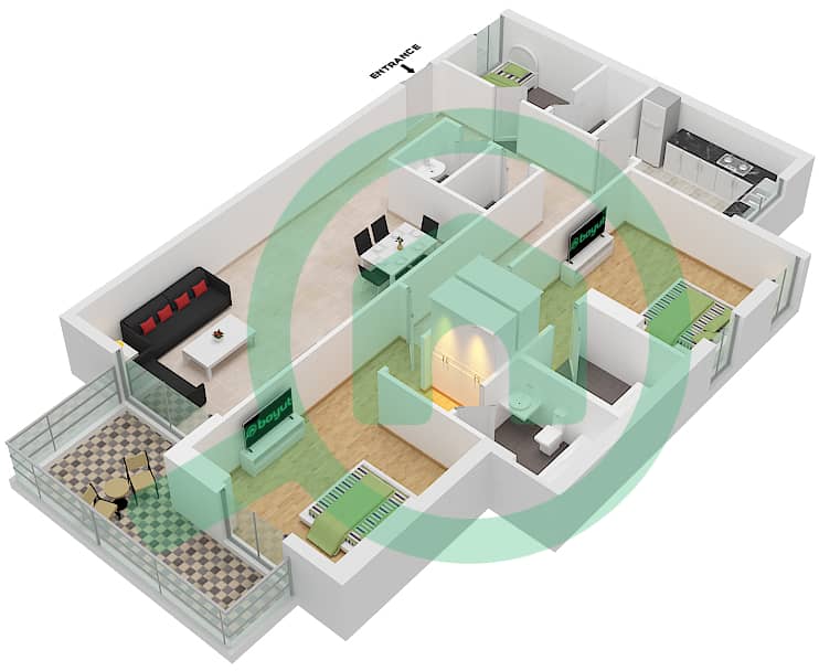 莫瑞文公寓 - 2 卧室公寓类型／单位2G/1戶型图 interactive3D
