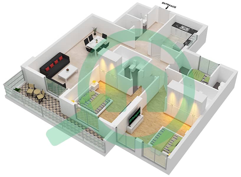 المخططات الطابقية لتصميم النموذج / الوحدة 2H/2 شقة 2 غرفة نوم - مون ريف interactive3D
