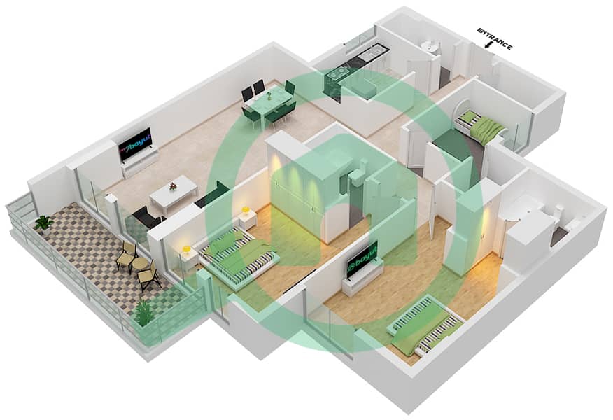 المخططات الطابقية لتصميم النموذج / الوحدة 2J/4 شقة 2 غرفة نوم - مون ريف interactive3D