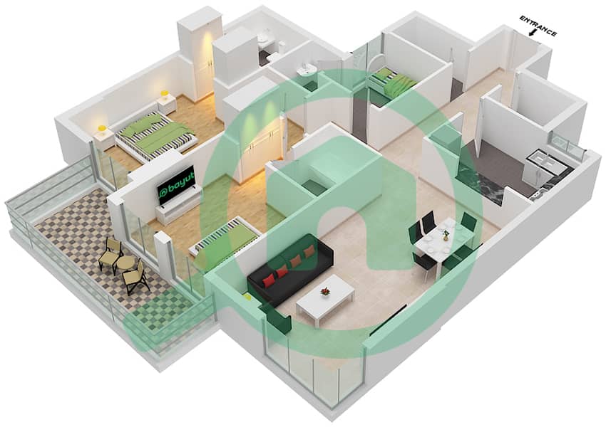 المخططات الطابقية لتصميم النموذج / الوحدة 2K/5 شقة 2 غرفة نوم - مون ريف interactive3D