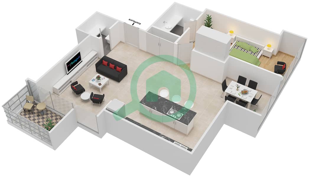 迷宫大厦 - 1 卧室公寓单位1戶型图 interactive3D