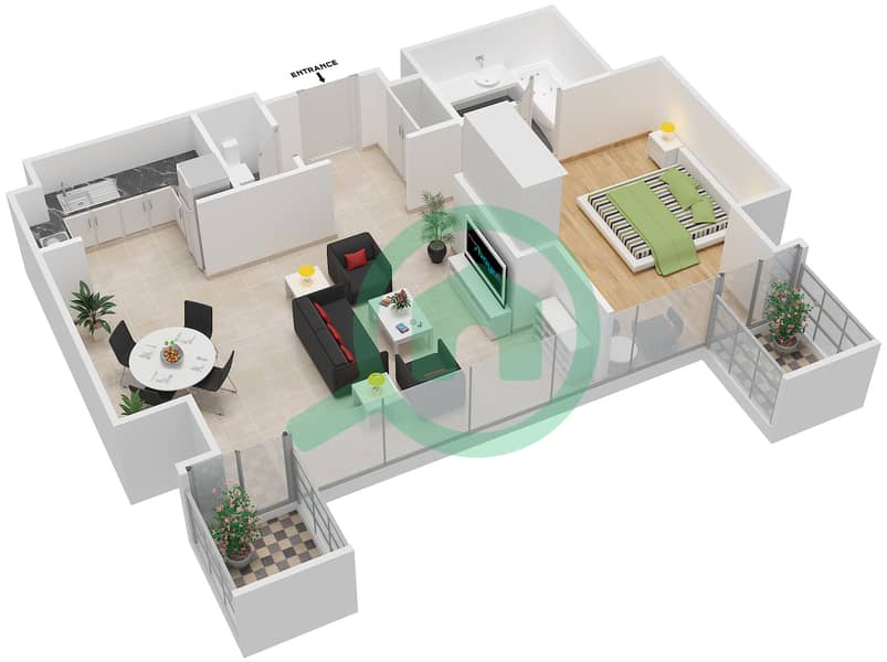 المخططات الطابقية لتصميم الوحدة 2,6 شقة 1 غرفة نوم - برج المتاهة interactive3D