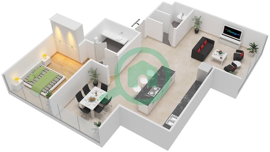 Мэйз Тауэр - Апартамент 1 Спальня планировка Единица измерения 3 interactive3D