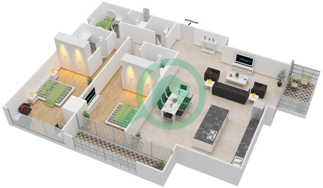 Мэйз Тауэр - Апартамент 2 Cпальни планировка Единица измерения 6 interactive3D