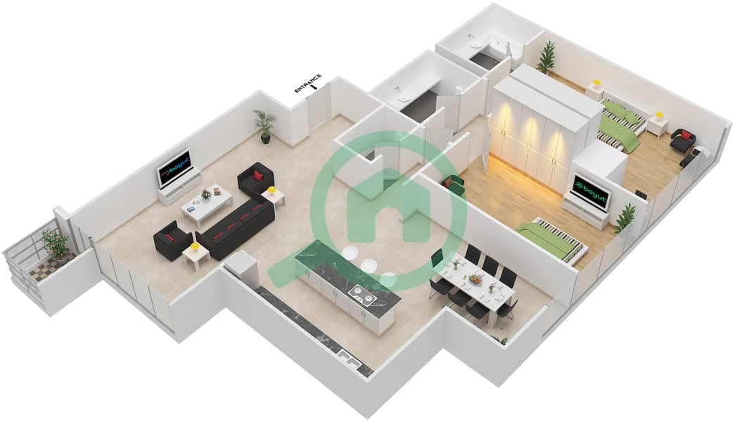 迷宫大厦 - 2 卧室公寓单位4戶型图 interactive3D