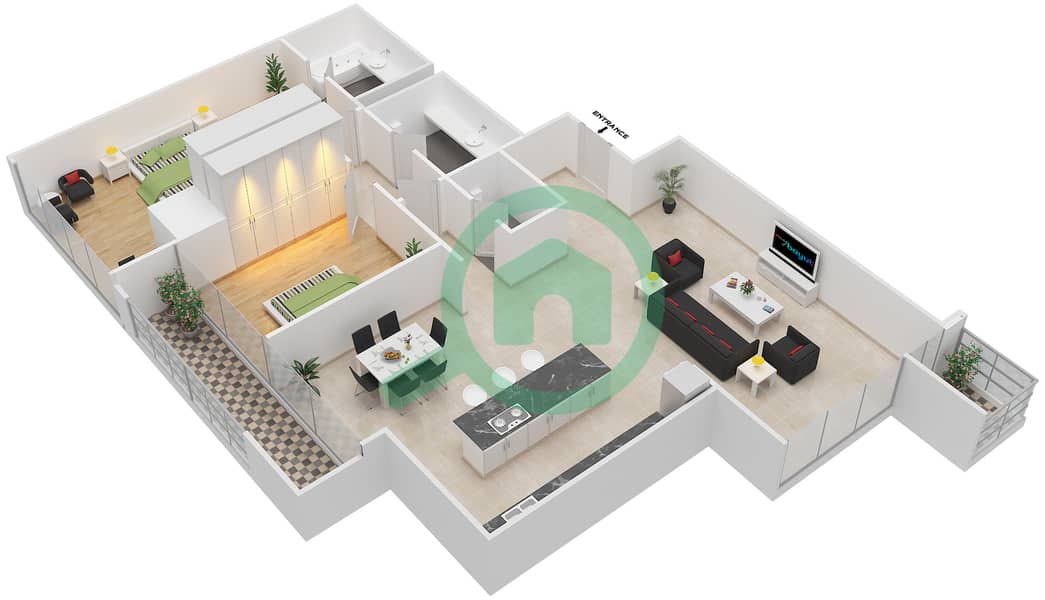 المخططات الطابقية لتصميم الوحدة 3 شقة 2 غرفة نوم - برج المتاهة interactive3D