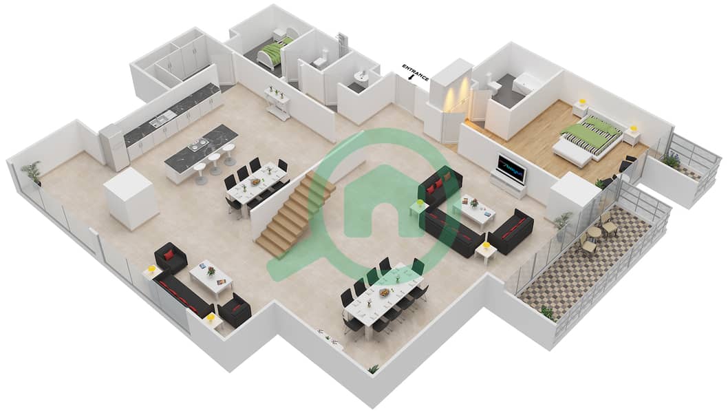 المخططات الطابقية لتصميم الوحدة 4 شقة 3 غرف نوم - برج المتاهة Lower Floor interactive3D