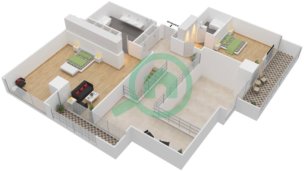 المخططات الطابقية لتصميم الوحدة 4 شقة 3 غرف نوم - برج المتاهة Upper Floor interactive3D
