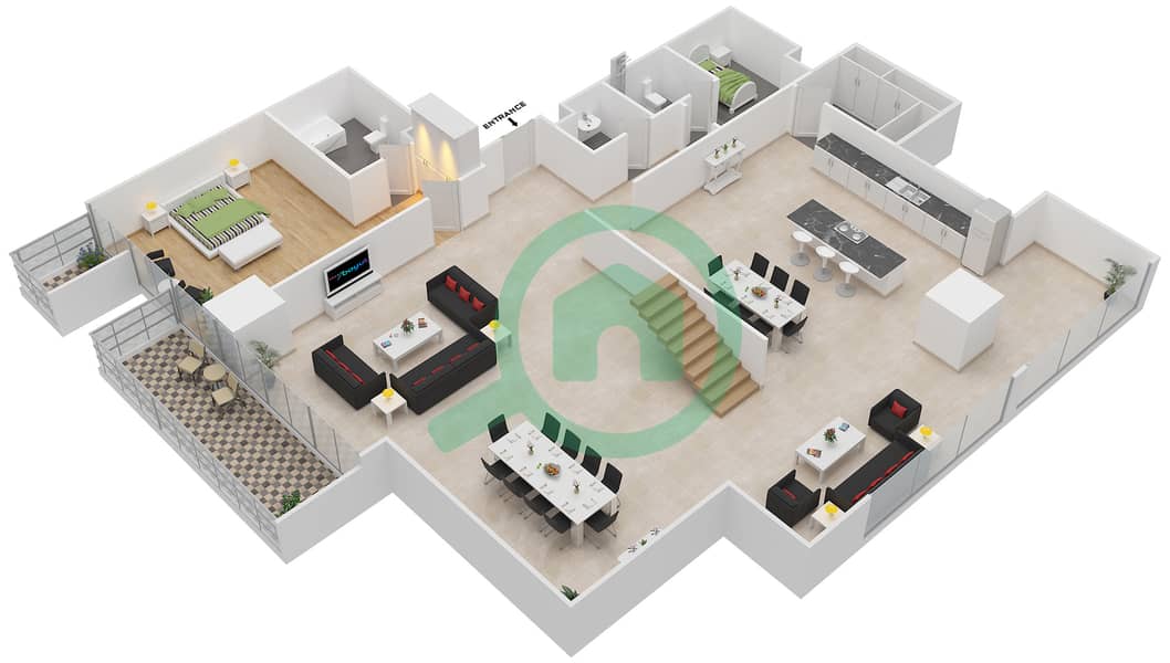 المخططات الطابقية لتصميم الوحدة 1 شقة 3 غرف نوم - برج المتاهة Lower Floor interactive3D
