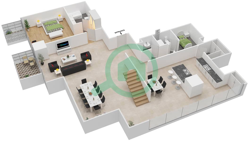 Maze Tower - 3 Bedroom Apartment Unit 3 Floor plan Lower Floor interactive3D