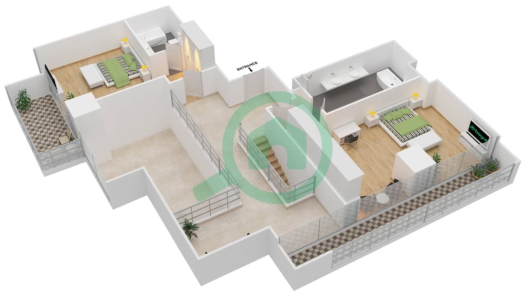 Мэйз Тауэр - Апартамент 3 Cпальни планировка Единица измерения 3 Upper Floor interactive3D