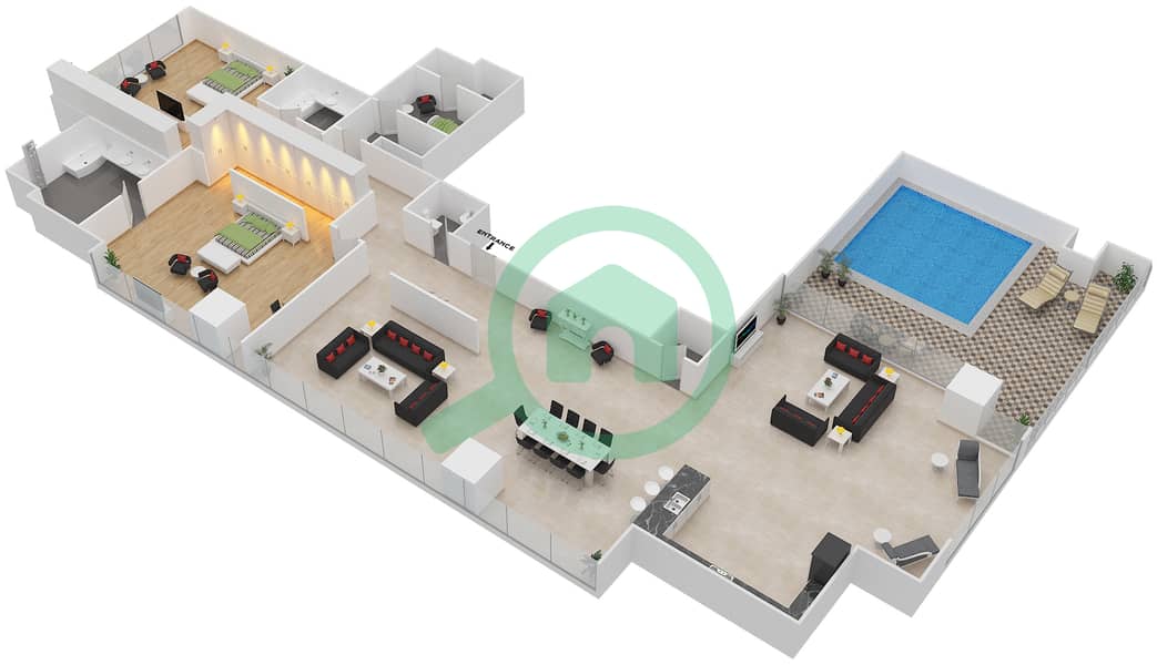 المخططات الطابقية لتصميم الوحدة 1 بنتهاوس 2 غرفة نوم - برج المتاهة interactive3D