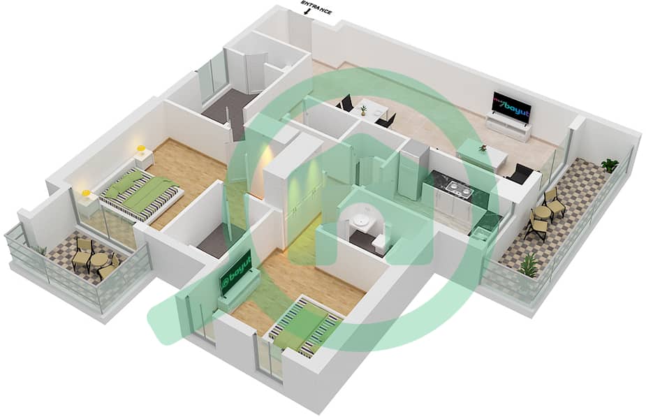 المخططات الطابقية لتصميم النموذج / الوحدة 2M/7 شقة 2 غرفة نوم - مون ريف interactive3D