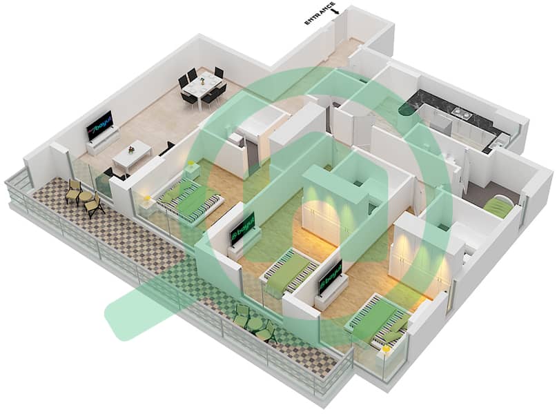 المخططات الطابقية لتصميم النموذج / الوحدة 3A/3 شقة 3 غرف نوم - مون ريف interactive3D