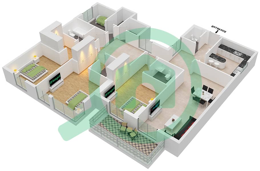المخططات الطابقية لتصميم النموذج / الوحدة 3B/4 شقة 3 غرف نوم - مون ريف interactive3D