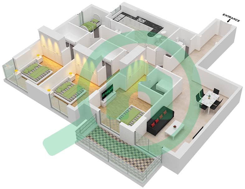 المخططات الطابقية لتصميم النموذج / الوحدة 3C/5 شقة 3 غرف نوم - مون ريف interactive3D