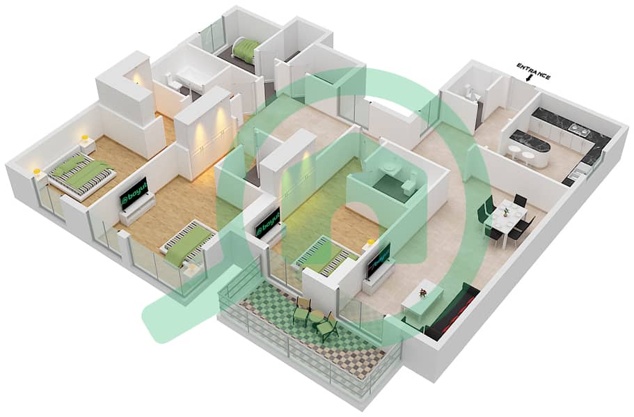 المخططات الطابقية لتصميم النموذج / الوحدة 3D/4 شقة 3 غرف نوم - مون ريف interactive3D