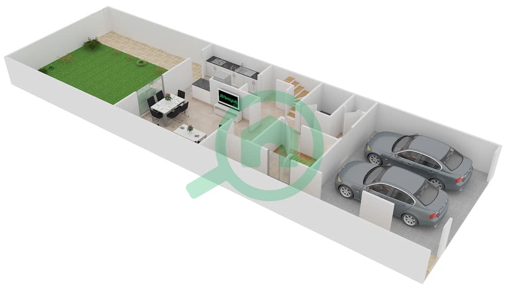 المخططات الطابقية لتصميم النموذج 4 MIDDLE UNIT فیلا 3 غرف نوم - الریم 1 Ground Floor interactive3D