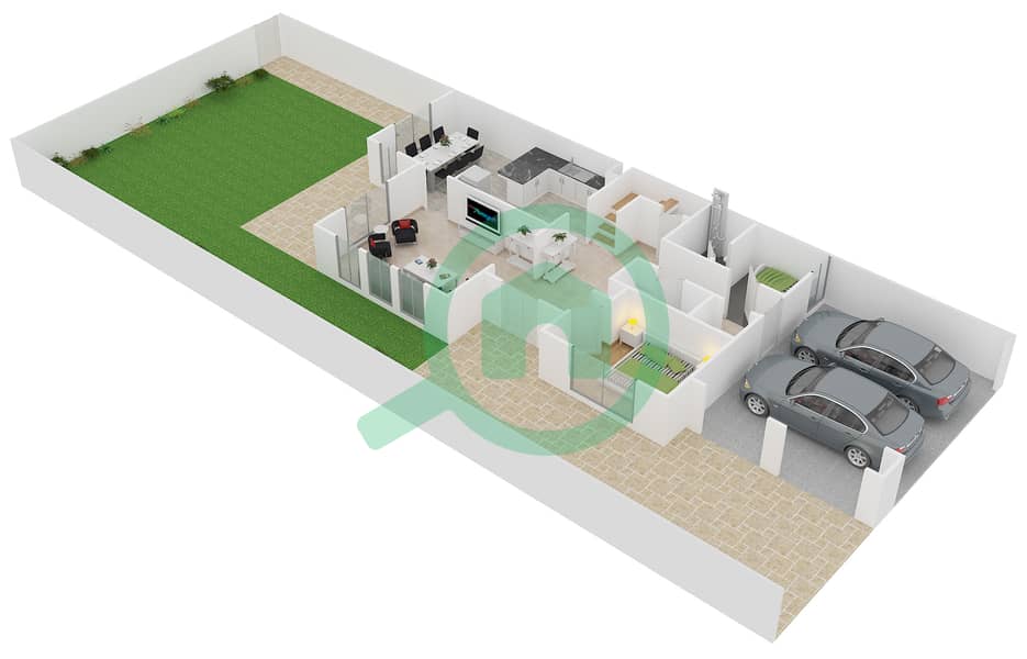 المخططات الطابقية لتصميم النموذج 1 END UNIT فیلا 3 غرف نوم - الریم 1 Ground Floor interactive3D