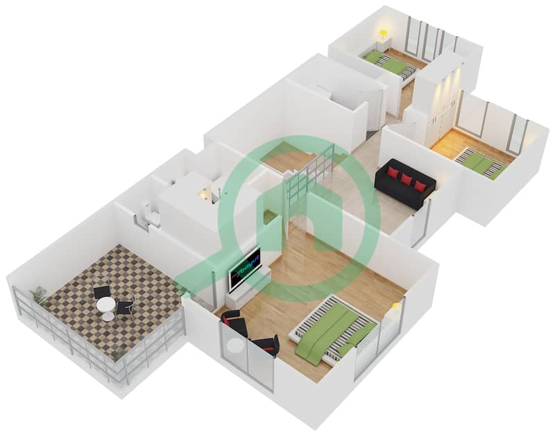 المخططات الطابقية لتصميم النموذج 1 END UNIT فیلا 3 غرف نوم - الریم 1 First Floor interactive3D