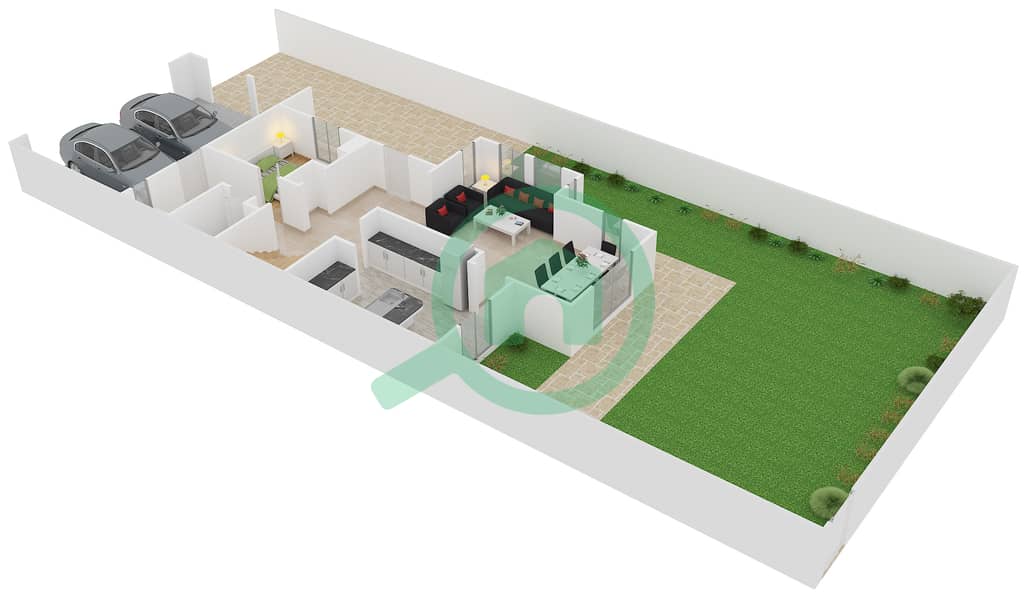 المخططات الطابقية لتصميم النموذج 3 END UNIT فیلا 4 غرف نوم - الریم 1 Ground Floor interactive3D